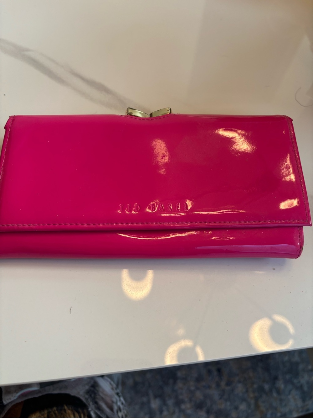 Ted Baker Bright Pink Patent Wallet with Gold-Tone Clasp